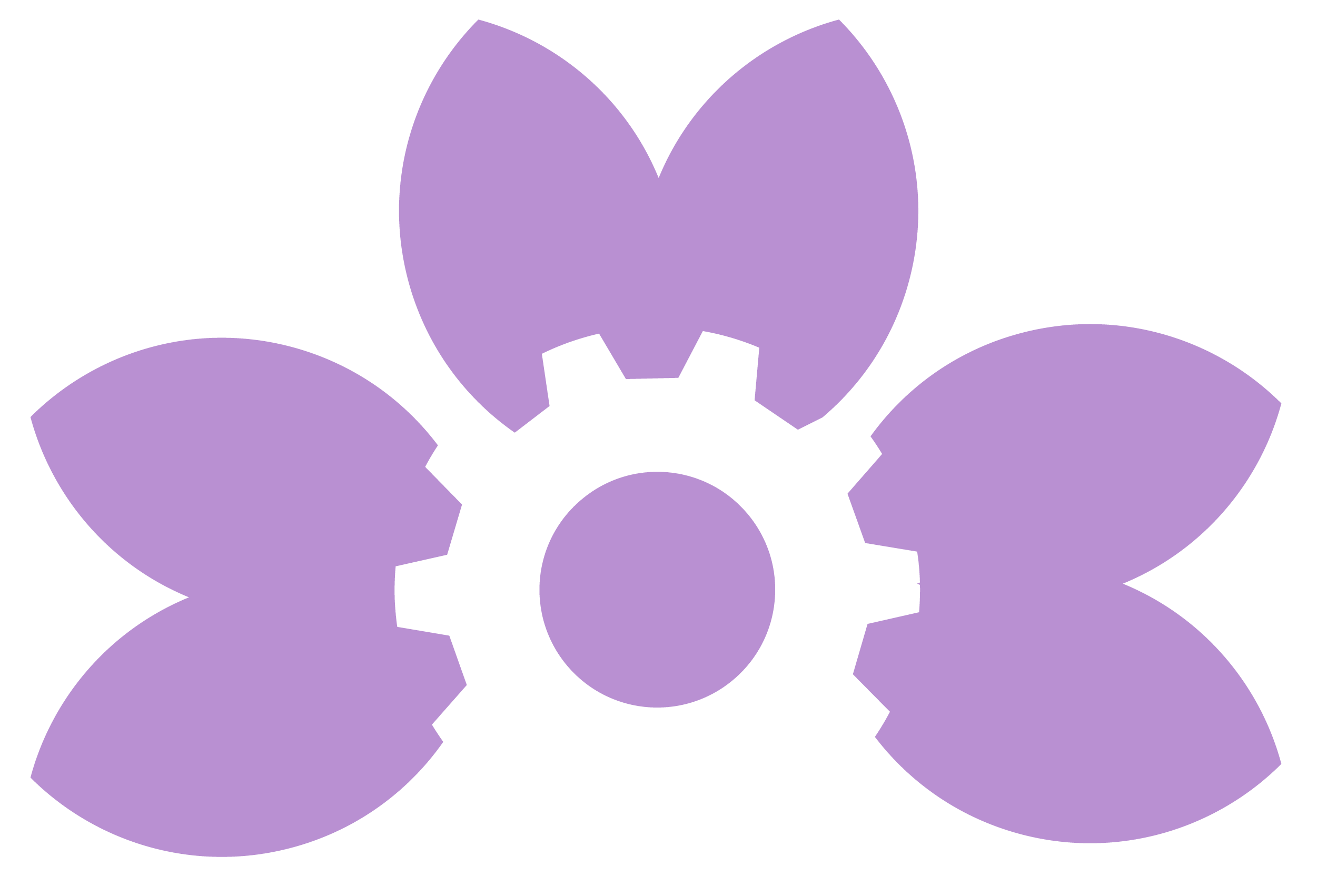 Black gear icon surrounded by five purple petals arranged in a semicircle.